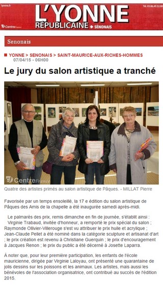 Journal l'Yonne Républicaine - avril 2015 - virginie Trabaud primé au salon st maurice aux riches hommes