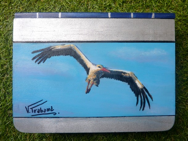 Cigogne peinture acrylique sur Coffret en bois avec tiroir- trompe l oeil livre virginie TRABAUD
