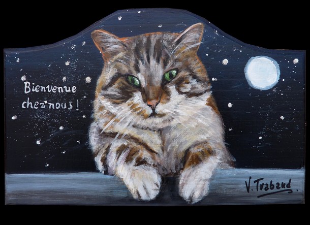 Plaque de porte chat de nuit commande d'après photos - Peinture acrylique sur bois - Virginie TRABAUD Artiste Peintre