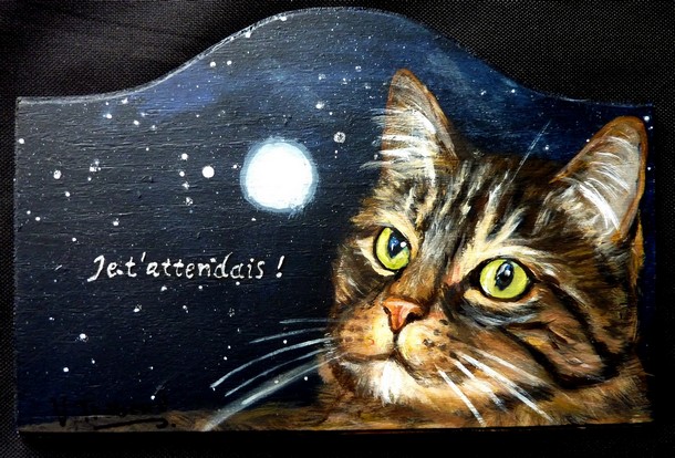 Plaque de porte chat tigré de nuit - Peinture acrylique sur bois - Virginie TRABAUD Artiste Peintre