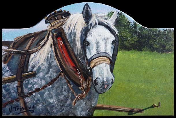 peinture acrylique sur bois - cheval de trait blanc tacheté de gris - virginie trabaud