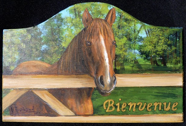 Plaque de porte cheval enclos - Peinture acrylique sur bois - Virginie TRABAUD Artiste Peintre