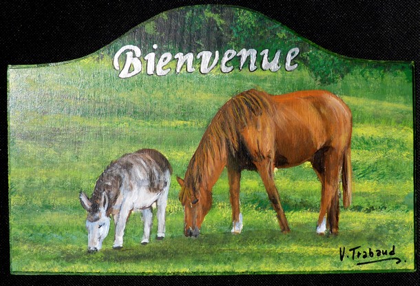 Plaque de porte ane et cheval - Peinture acrylique sur bois - Virginie TRABAUD Artiste peintre