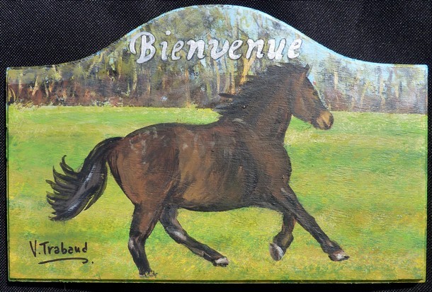 Plaque de porte cheval noir au galop - peinture acrylique sur bois - Virginie TRABAUD Artiste Peintre