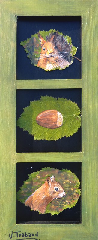 peinture sur feuilles de noisetiers - ecureuils et noisette - virginie trabaud artiste peintre