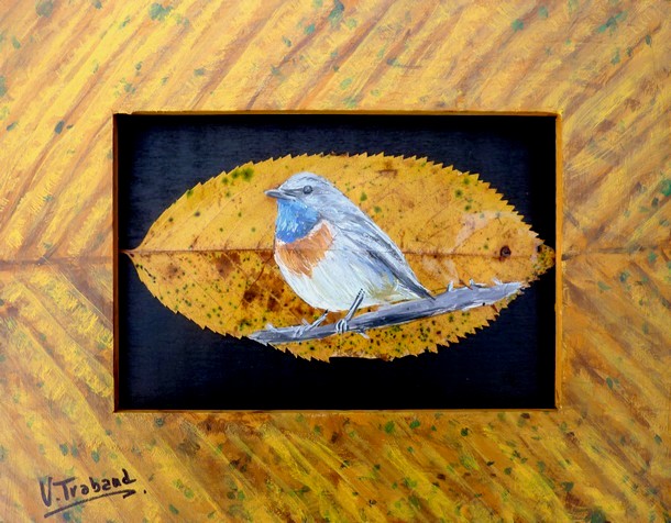 peinture sur feuille d arbre - oiseau gorge bleu - virginie trabaud artiste peintre