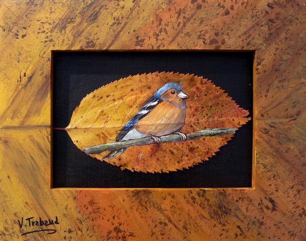 peinture sur feuille d arbre - oiseau rouge gorge - virginie trabaud artiste peintre