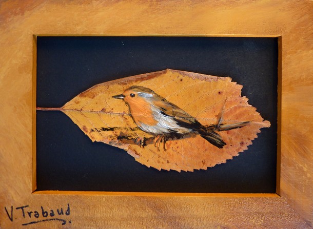 peinture Oiseau Rouge-gorge - Acrylique sur feuille de cerisier - Virginie TRABAUD