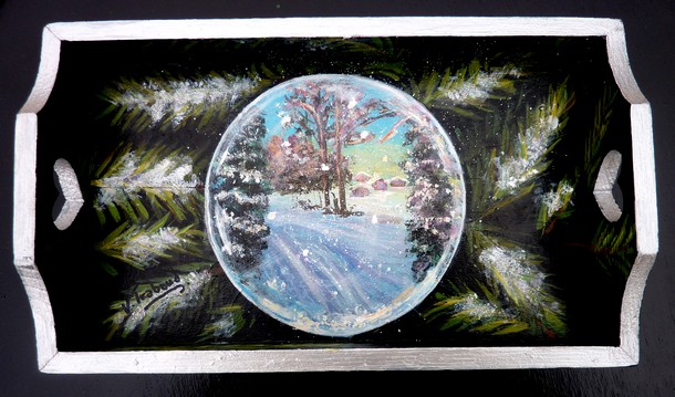 Plateau en bois - village boule de neige - acrylique - virginie trabaud