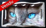 Peinture sur bois - yeux de chat gris - plateau déco