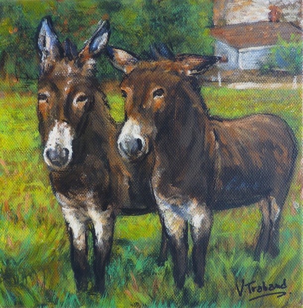 Peinture 2 anes dans la campagne - Acrylique - Virginie Trabaud Artiste Peintre Animalier