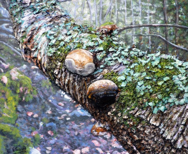 Peinture Arbre mousse et champignons forêt de corse - acrylique et sculpture au mortier en relief 3D - virginie Trabaud