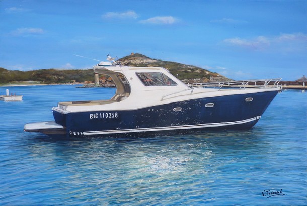 Peinture Yacht gagliotta bleu bateau mer corse - acrylique - Virginie TRABAUD Artiste Peintre