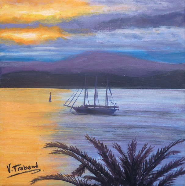 Peinture Voilier en mer avec coucher de soleil Corse - acrylique Virginie TRABAUD
