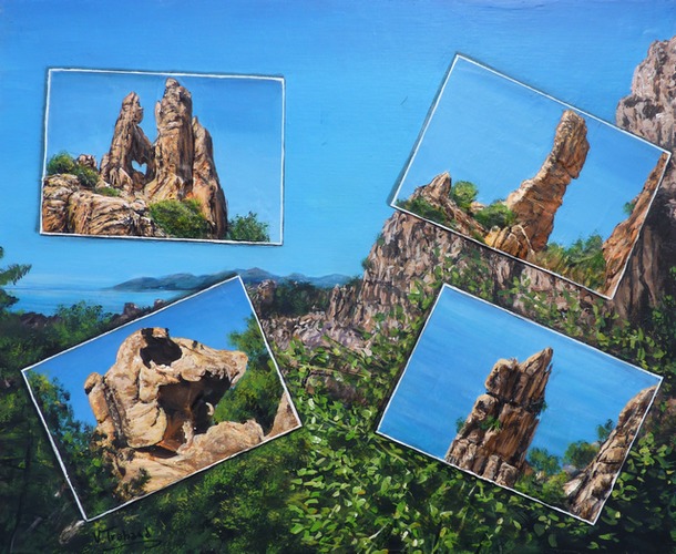 Peinture Les Calanques de Piana montagnes de Corse - acrylique et sculpture au mortier en relief 3D - virginie Trabaud
