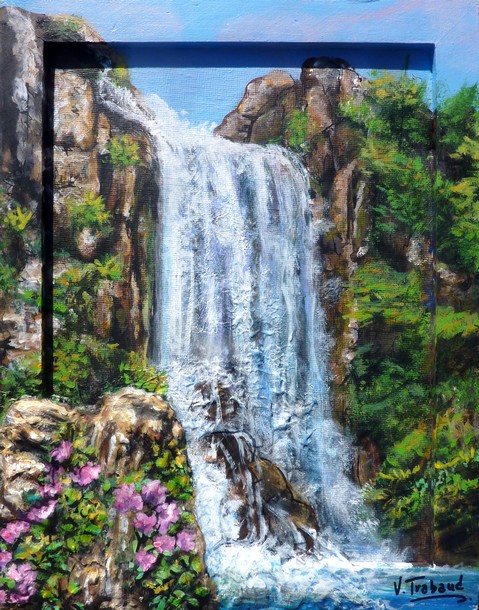 Peinture Cascade et Fleurs - Acrylique et Mortier en relief Virginie TRABAUD Artiste peintre