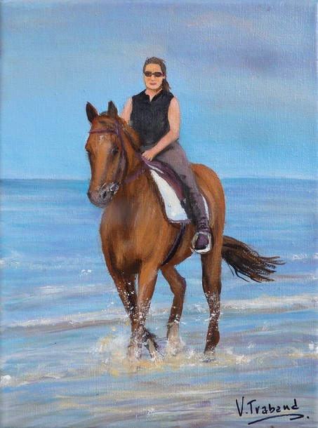 Peinture Cavalière et son cheval sur la plage - Acrylique - Virginie Trabaud Artiste Peintre