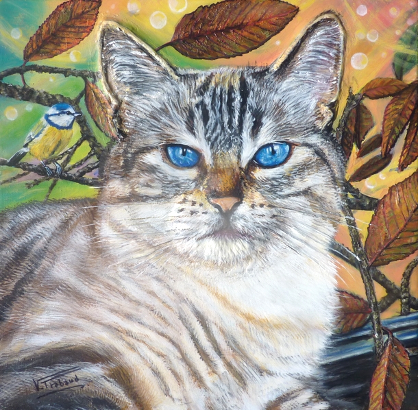 Peinture Chat siamois lynx point et m�sange bleu avec feuille automne - Acrylique et mortier en relief Virginie TRABAUD Artiste peintre