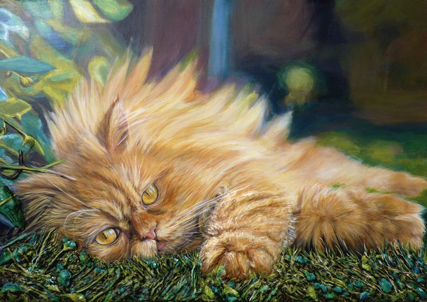 Peinture chat persan roux dans un jardin - acrylique et relief 3D- Copyright Virginie TRABAUD artiste peintre