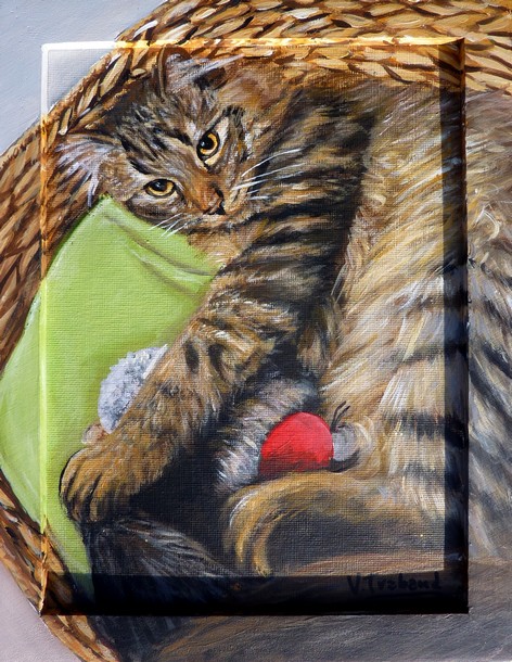 Peinture Chat tigré couché dans son panier - acrylique avec cadre - virginie trabaud artiste peintre animalier