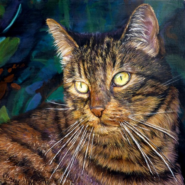 Peinture en relief - Portrait de chat tigré Caline - virginie trabaud artiste peintre
