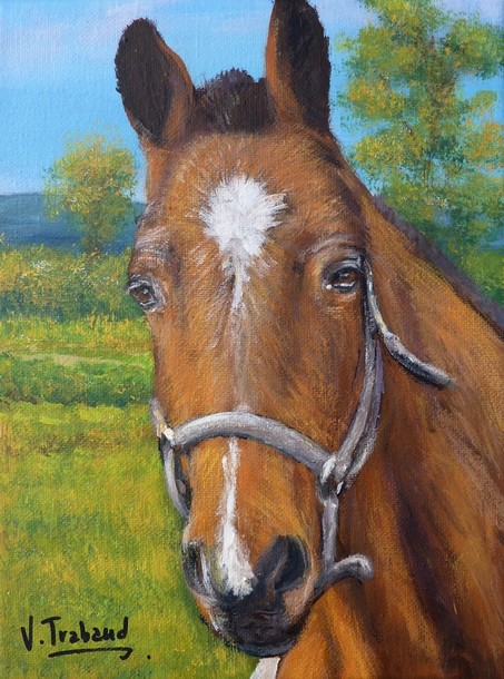 Portrait cheval cuivré dans un pré peinture acrylique - virginie TRABAUD Artiste Peintre