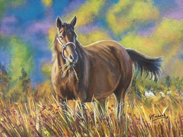 Peinture Cheval brun dans un champ - Acrylique Virginie TRABAUD Artiste Peintre
