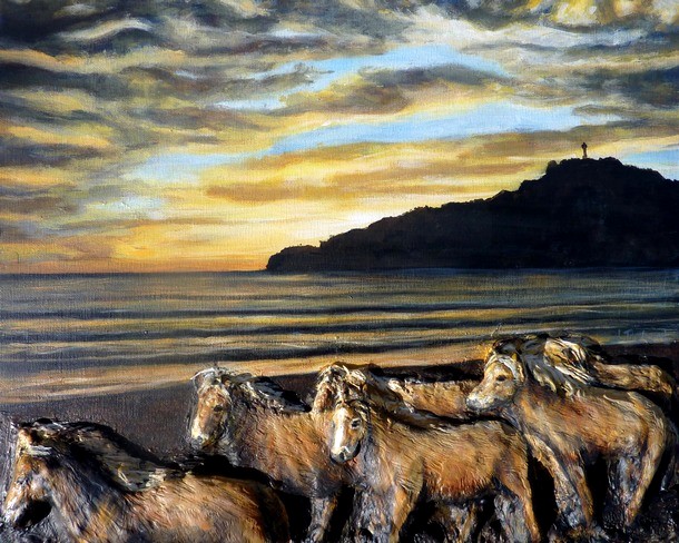 peinture de chevaux sauvages sur la plage - Virginie TRABAUD Artiste peintre