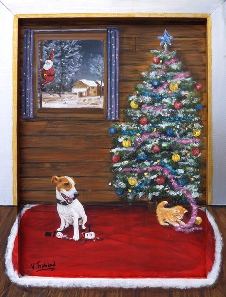 Tableau de peinture chien et chat sapin de noël - Copyright virginie trabaud