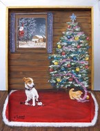 Peinture de noël - Chien et chat - acrylique Virginie TRABAUD artiste peintre
