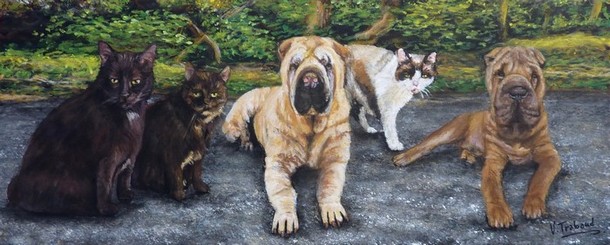 Peinture de chiens sharpei et chats - acrylique sur toile panoramique - virginie trabaud copyright
