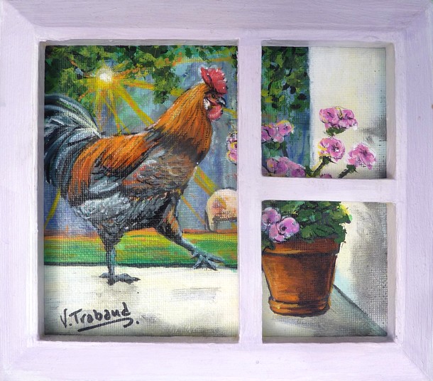 Peinture miniature Coq sur la fentre avec granimum - Virginie TRABAUD Artiste Peintre