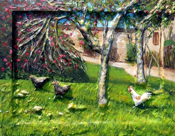 Peinture Coq et poules noires - Acrylique en relief - Virginie TRABAUD