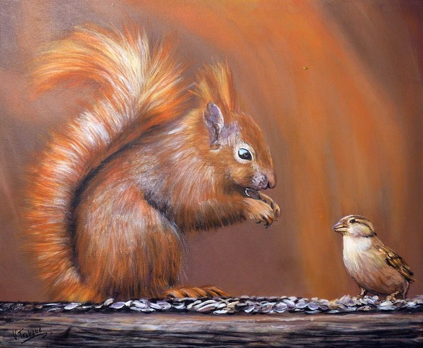 Peinture écureuil roux mangeant des graines avec un moineau - acrylique virginie trabaud
