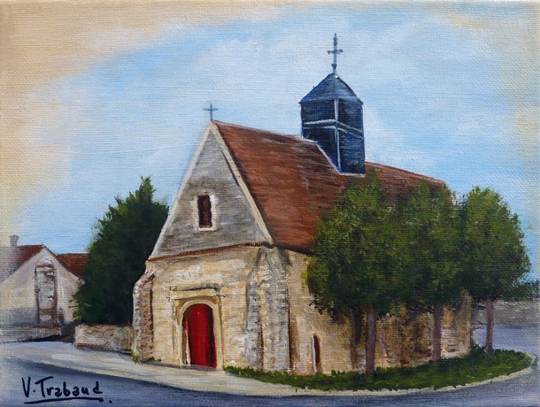 Peinture église paroissiale de Saint-Denis-Lès-Sens d'après carte postale ancienne - Virginie TRABAUD