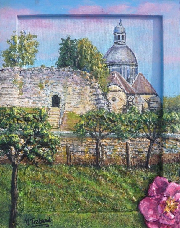 Peinture 3D Eglise et Rose de Provins - Acrylique et Relief - Virginie TRABAUD Artiste Peintre
