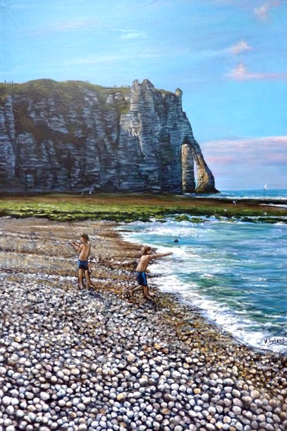 tableau peinture en relief - enfants sur la plage etretat - Cliquez sur l image pour voir la fiche détaillée et consulter le tarif de l oeuvre