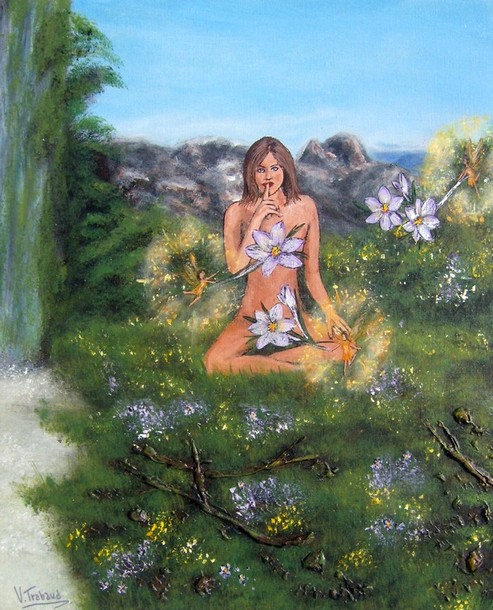peinture femme nue au printemps - les elfes natures - virginie trabaud