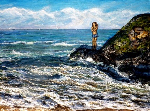 Peinture la plage de Belle île en mer avec femme sur le rocher - acrylique et sculpture au mortier en relief 3D - virginie Trabaud