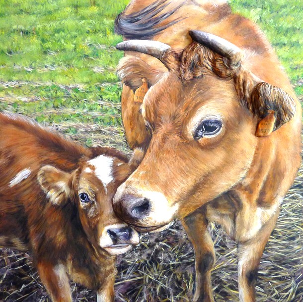 Peinture  La Vache et le Veau - en relief -  Virginie Trabaud Artiste Peintre Animalier