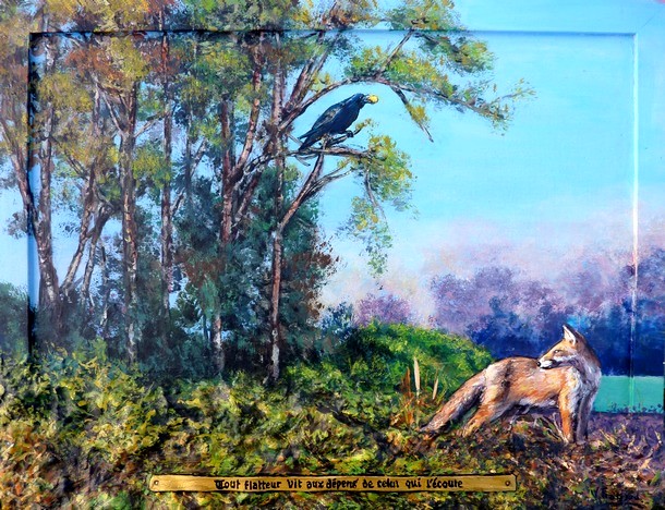 Tableau de Peinture Le Corbeau et le Renard - Virginie Trabaud Artiste Peintre