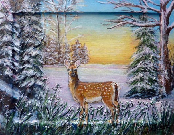 Peinture le faon en hiver - acrylique en relief - Virginie Trabaud
