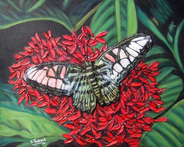 tableau relief peinture papillon et fleur fushia