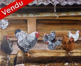 peinture Poulailler coq et poules grises - Cliquez sur l image pour voir la fiche détaillée et consulter le tarif de l oeuvre