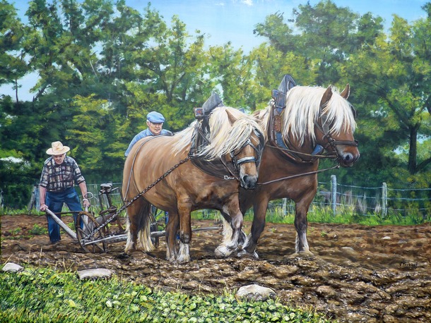 Peinture scène de labour- chevaux de trait moulin vanneau - Acrylique et mortier en relief Virginie TRABAUD Artiste peintre