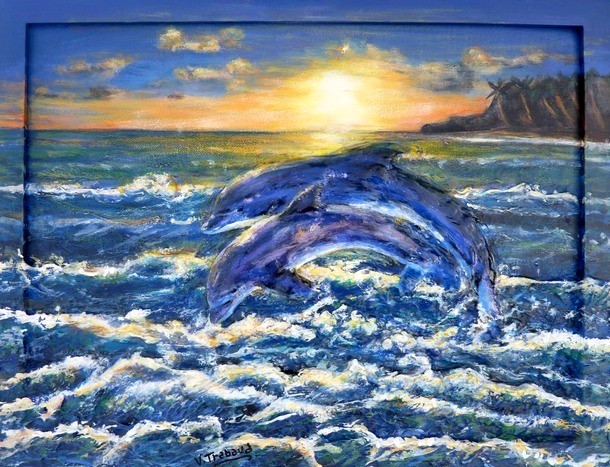 peinture dauphins nageant - coucher de soleil vagues  acrylique et relief 3D - virginie trabaud