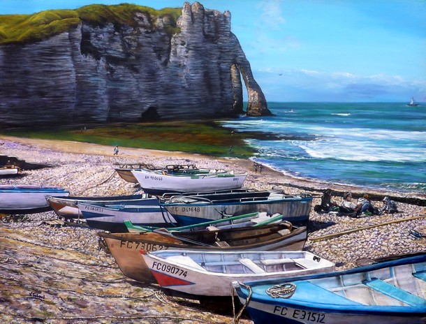 Peinture en Relief Etretat - barques sur la plage Falaises - Virginie Trabaud Artiste peintre