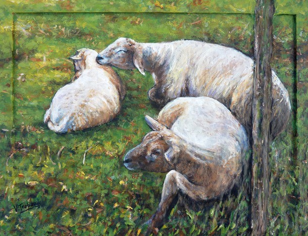 Peinture les Moutons Mère et Petit - Artiste Peintre Virginie Trabaud
