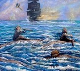 Peinture Attaque de pirates - Le Capitaine et son mousse - Virginie trabaud artiste peintre