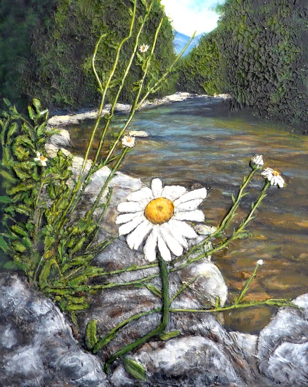 peinture de Marguerie et rivière - acrylique et Relief - Virginie TRABAUD
